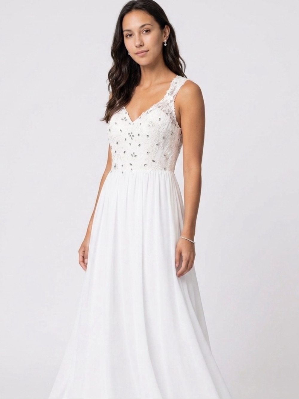 Hebeos White Chiffon A-Line Prom Dress Beaded Lace Built-In Bra NWT